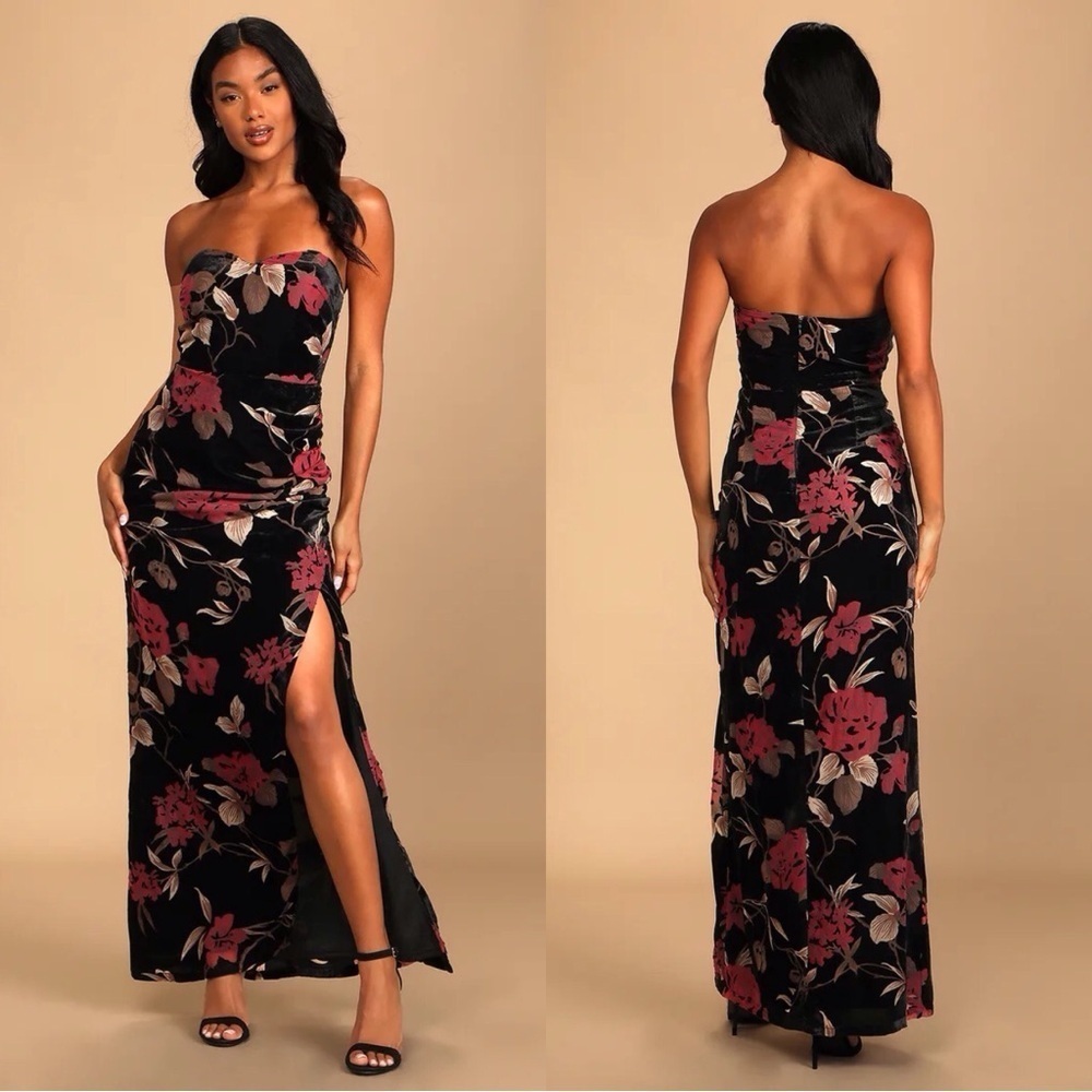 Lulus Exquisite Black Floral Burnout Velvet Strapless Maxi Dress NWT - Picture 2 of 16